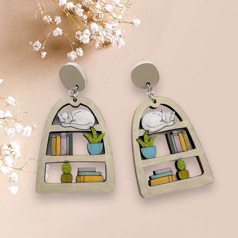 Wood Cat Earrings - Miniature Bookshelf With Plants, Sleeping Cats - Handmade